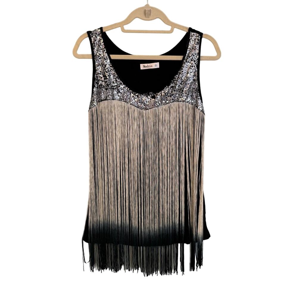 Nextmia Top Womens 2XL Black Silver Sequins Tank Dance Fringed Party Clubwear